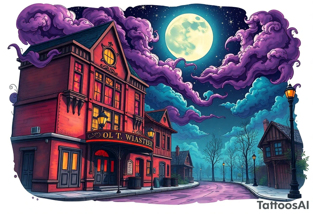 Tim Burton’s old victorian theatre from outside view is the street abandoned and dripping with muted reds, dusty pinks, and eerie green glow purple and cyan smokey clouds swirl and dance in the moonlit night sky filled with twinkling stars  tattoo idea tattoo idea