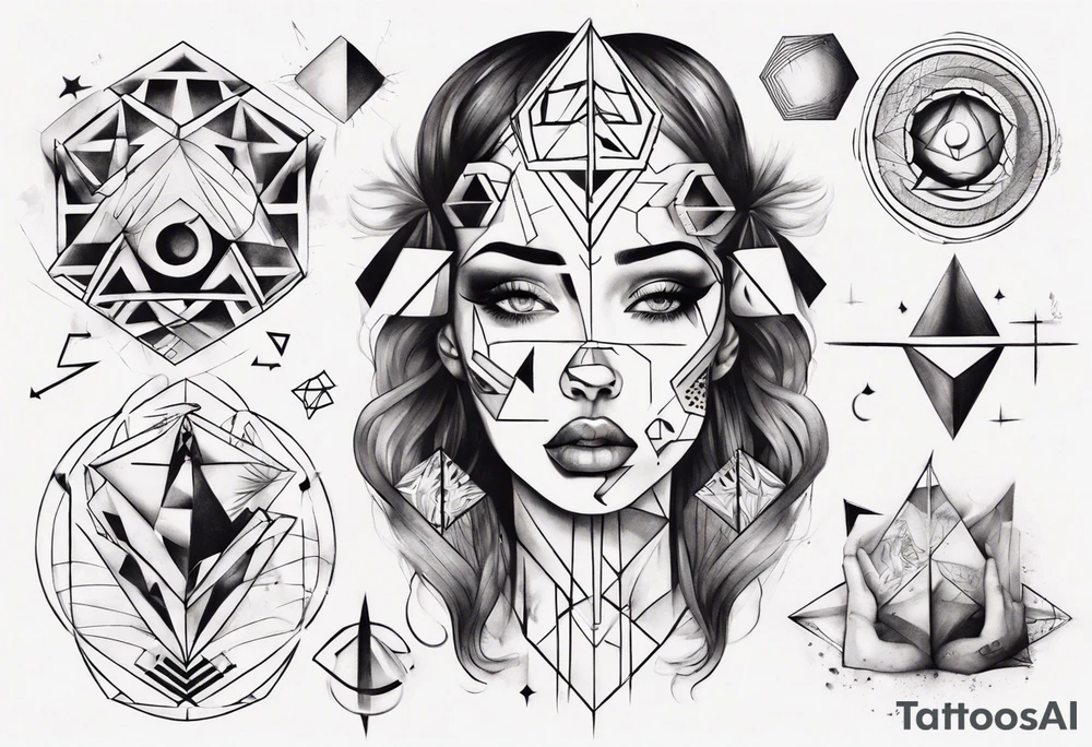 beautiful woman mixed with geometric objects tattoo idea