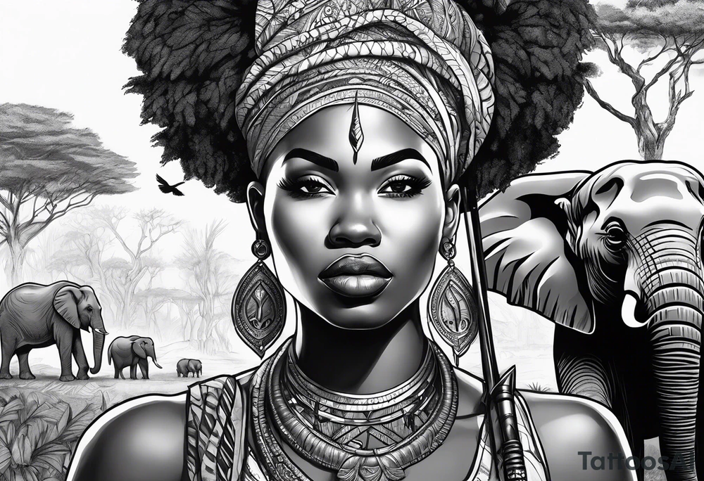 African woman warrior holding spear with ear rings and trees and brids and elephants in the background tattoo idea