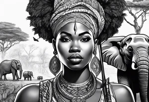 African woman warrior holding spear with ear rings and trees and brids and elephants in the background tattoo idea