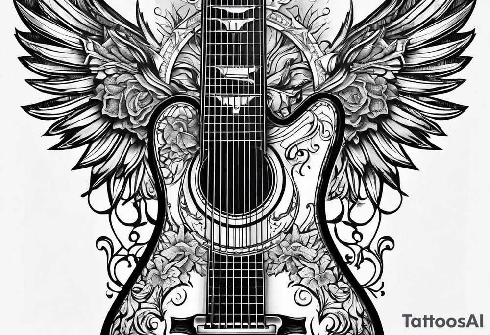 detailed christian cross with acoustic guitar tattoo idea