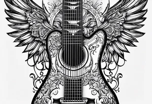 detailed christian cross with acoustic guitar tattoo idea