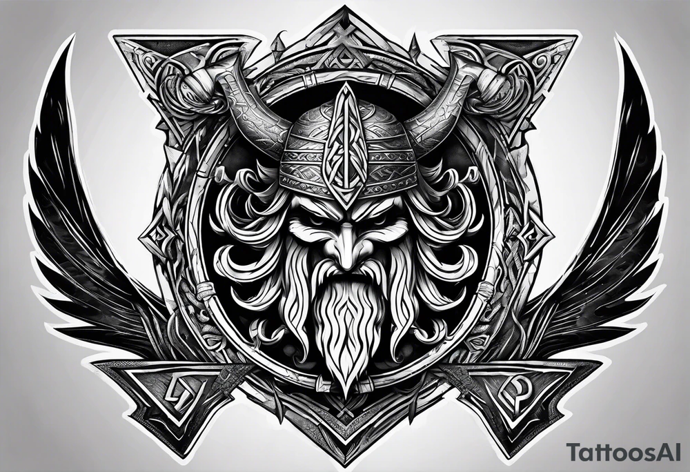 Valhalla  sword shield axe Valknut fog tattoo idea