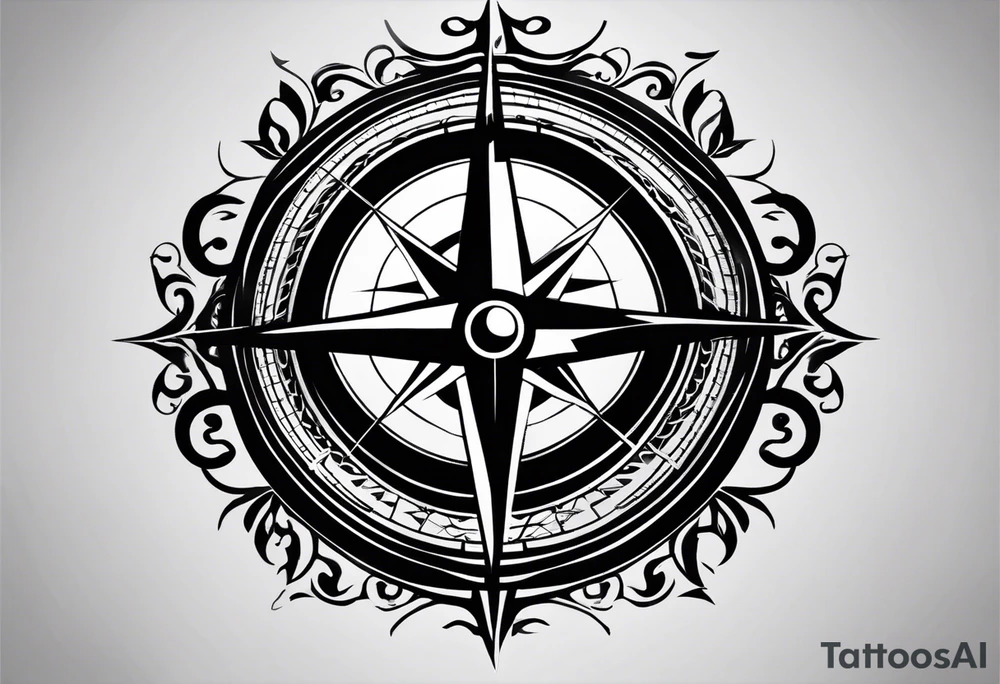 Design a Black and White tattoo featuring a compass as the central element. The compass should have sharp, bold lines and intricate markings for the cardinal directions. A prominent scar runs diagonally behind the compass, slightly tilted, with smooth but jagged edges and tapered ends. The scar should appear as a healed wound integrated into the compass’s design, creating a strong contrast between the compass and the scar. Use minimal shading to enhance depth while maintaining the high contrast typical of Black and White tattoos tattoo idea