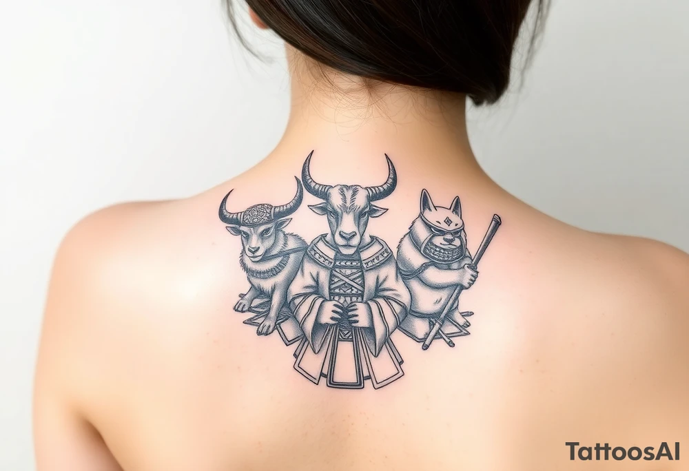 Goat, ox, and dog dressed up as samurai warriors tattoo idea