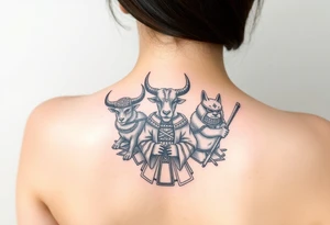 Goat, ox, and dog dressed up as samurai warriors tattoo idea