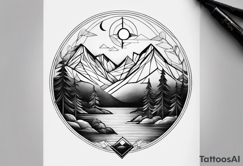 Geometric nature tattoo with moutains, lake, forest, birds and a moon. Tattoo needs to be the size of a forearm. tattoo idea