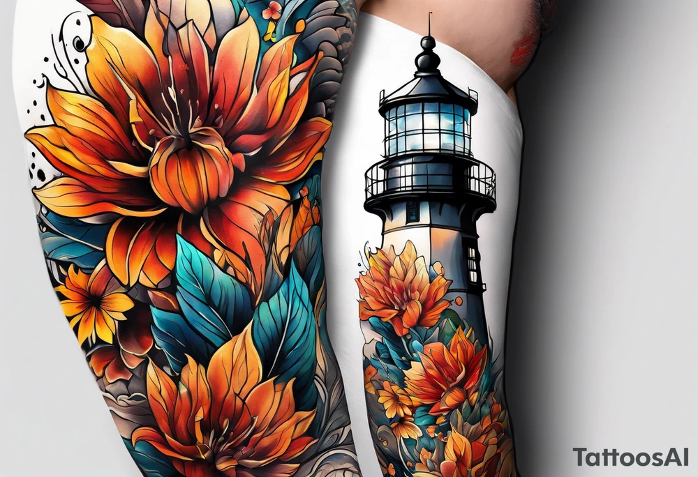 Arm sleeve with fall colors, various flowers, water flow, water splash, light house tattoo idea