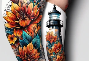 Arm sleeve with fall colors, various flowers, water flow, water splash, light house tattoo idea