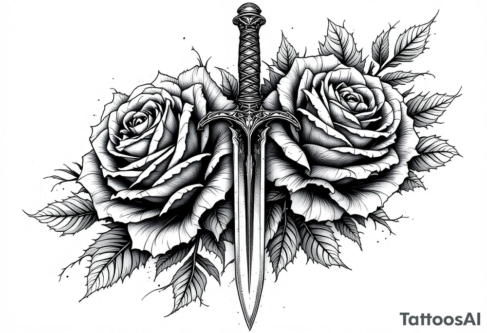 Roses with a dagger through tattoo idea