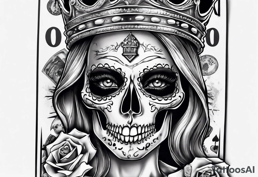 santa la muerta with dollars and crown
on card tattoo idea santa la muerta with dollars and crown
on card tattoo idea