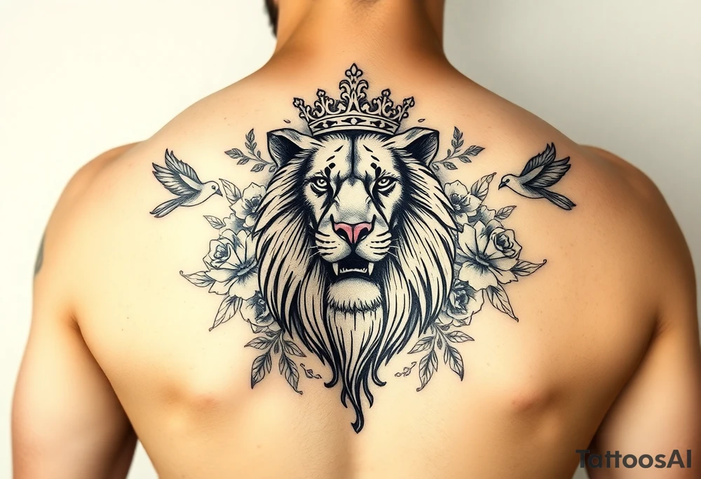 powerful majestic lion with a crown, surrounded by floral ornaments and birds tattoo idea