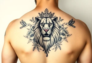 powerful majestic lion with a crown, surrounded by floral ornaments and birds tattoo idea