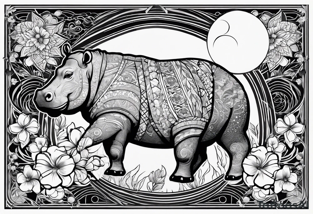 Hippo, flowers, moon, interstella, artic surreal,
Extreme fine lines, tribal, geometric, japanese, artistic tattoo idea