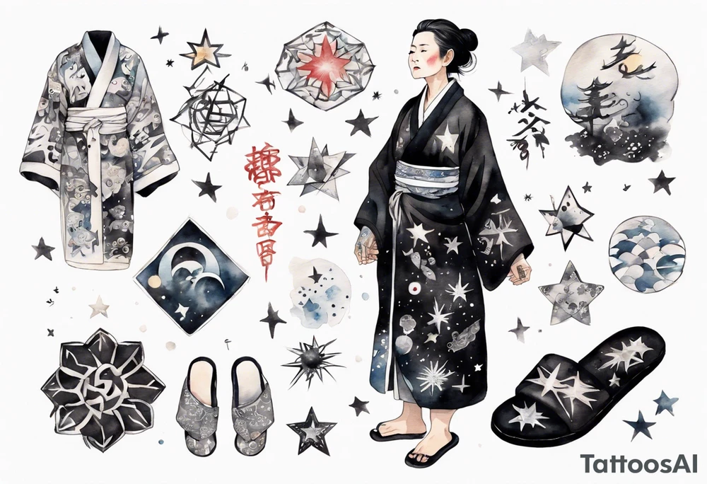 a middle-aged Japanese woman dressed in a black and white Nordic robe, wearing black slippers, surrounded by stars tattoo idea