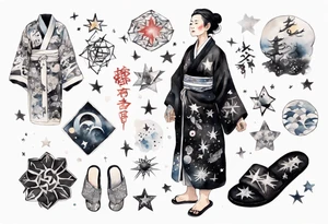 a middle-aged Japanese woman dressed in a black and white Nordic robe, wearing black slippers, surrounded by stars tattoo idea