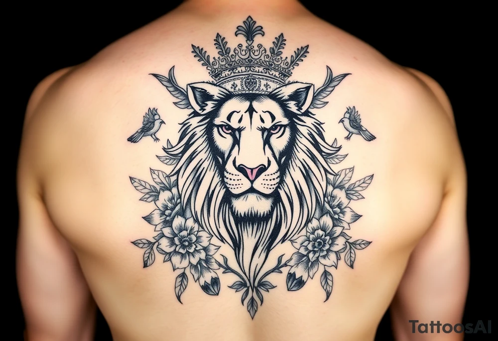 powerful majestic lion with a crown, surrounded by floral ornaments and birds tattoo idea