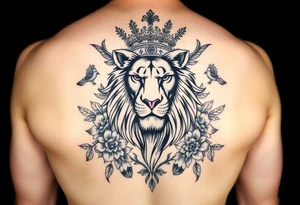 powerful majestic lion with a crown, surrounded by floral ornaments and birds tattoo idea