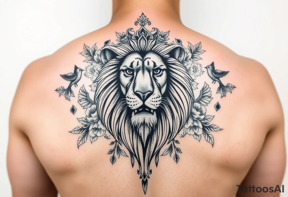 powerful majestic lion with a crown, surrounded by floral ornaments and birds tattoo idea