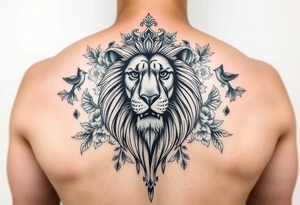 powerful majestic lion with a crown, surrounded by floral ornaments and birds tattoo idea