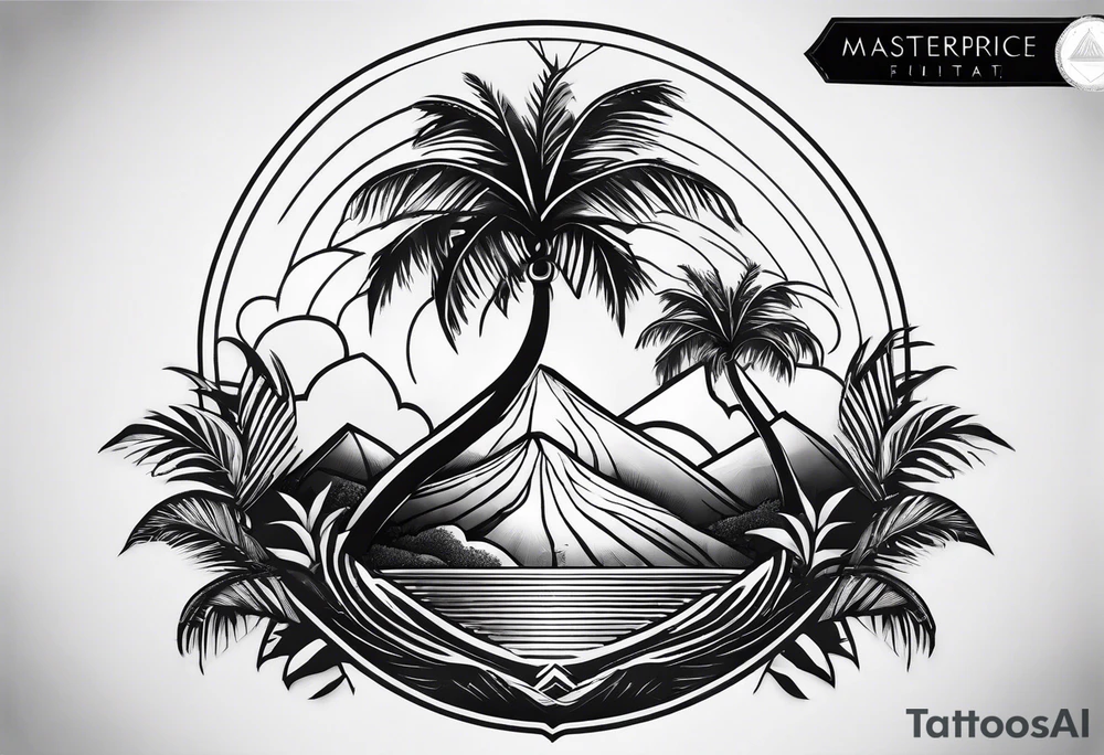 fineline tattoo of a palm tree with a volcano on the back tattoo idea