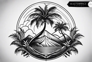 fineline tattoo of a palm tree with a volcano on the back tattoo idea