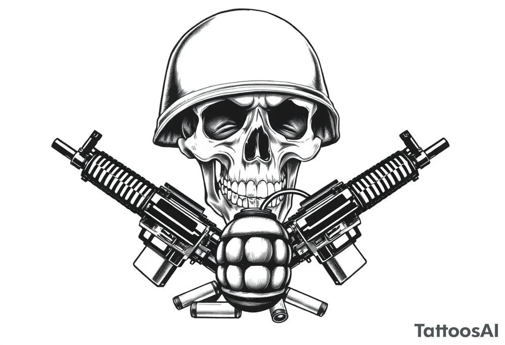 A stoic skull in a soldier's helmet, clutching a hand grenade, with crossed assault rifles and loose cartridges. tattoo idea