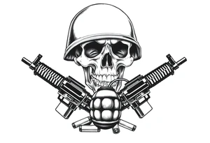 A stoic skull in a soldier's helmet, clutching a hand grenade, with crossed assault rifles and loose cartridges. tattoo idea
