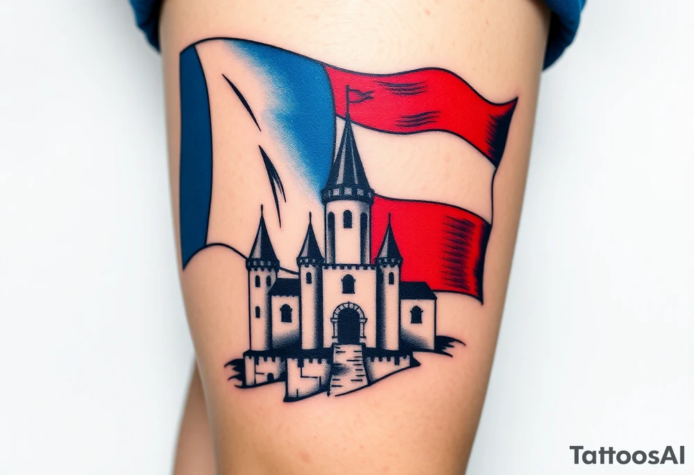 A Czech flag (blue, white up, red down) waving behind a medieval castle tattoo idea