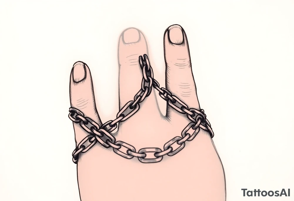 Chains intertwined around fingers going up to the thumb and index finger and connecting tattoo idea