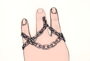 Chains intertwined around fingers going up to the thumb and index finger and connecting tattoo idea