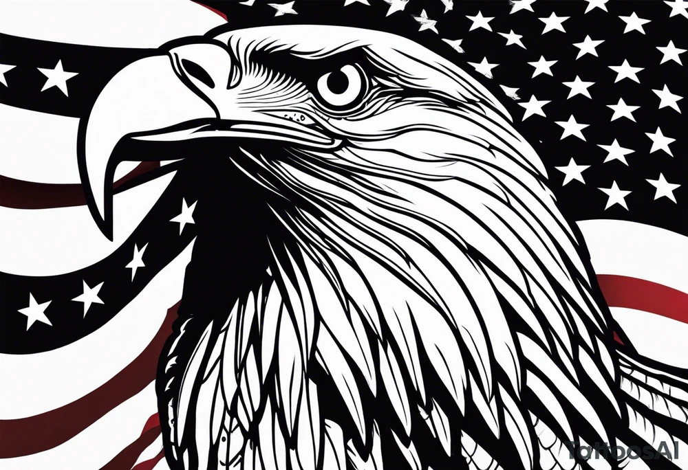 American flag flowing down arm with bald eagle head tattoo idea