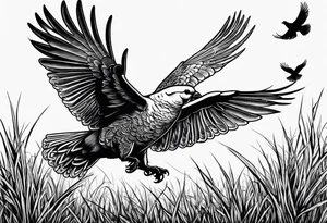 A bird dog chasing a dove in a grassy field tattoo idea