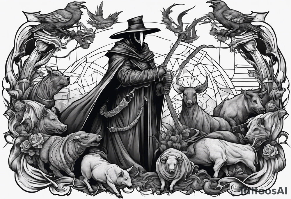 plague doctor surrounded by a scary boar, bull, pitbul, and snake for sleeve tattoo tattoo idea
