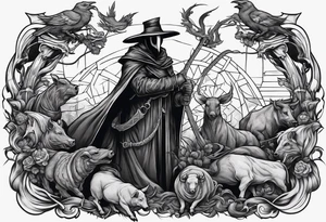 plague doctor surrounded by a scary boar, bull, pitbul, and snake for sleeve tattoo tattoo idea