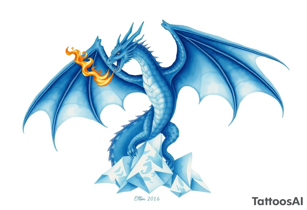 Blue fire breathing dragon with wings spread flying over ice tattoo idea