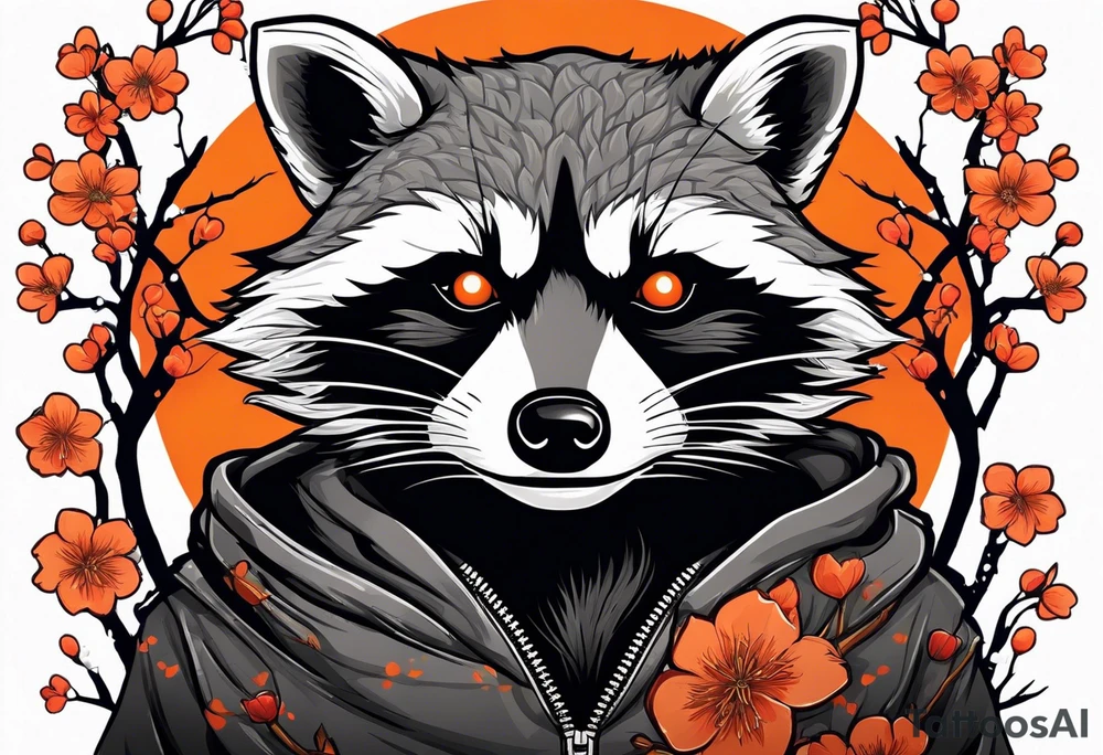 Raccoon wearing a white Superman logo on a black hoodie and orange Japanese cherry blossoms beside tattoo idea