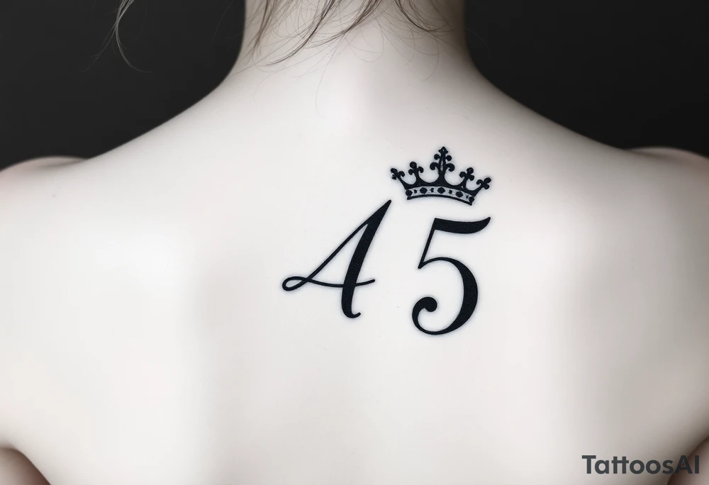 Capital G letter handwritten script with a crown tilted to the left on the front right shoulder on top of a number 45 tattoo idea