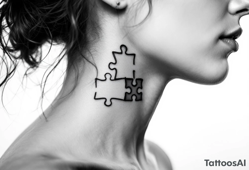 side of the neck puzzle piece tattoo where one of the pieces says Rella tattoo idea