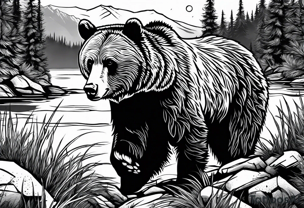grizzly bear mountain forest tattoo idea