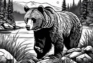 grizzly bear mountain forest tattoo idea