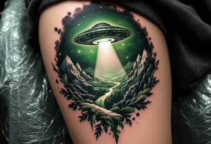 A UFO hovering over a realistic landscape, casting a green in deep black, green, and subtle silver tones. tattoo idea