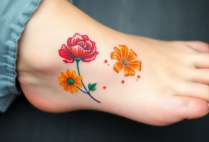 a colorful, vibrant, watercolor tattoo with one red rose, one orange lily, one gold marigold, and one orange cosmos flower and with splashes of color tattoo idea