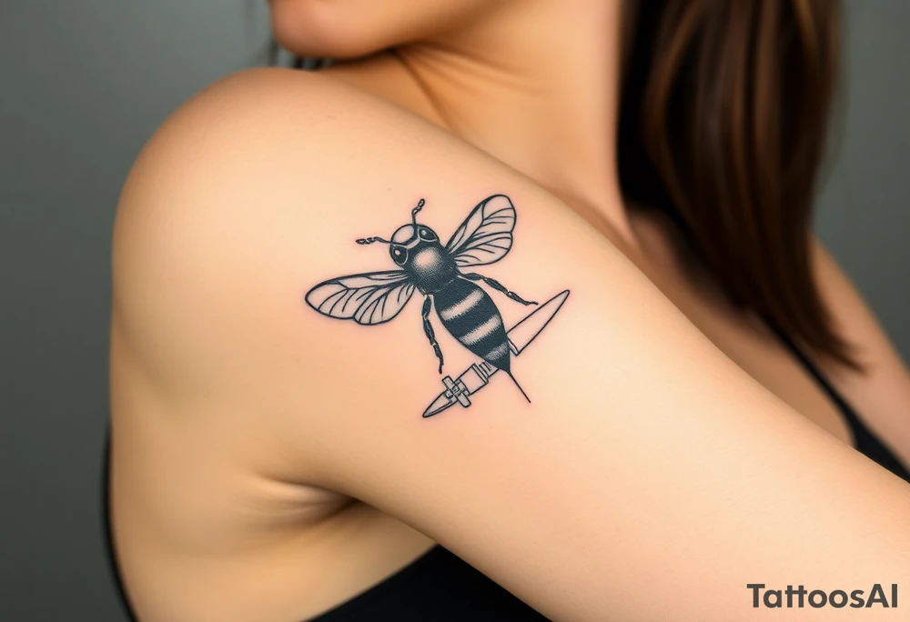 bee with a pilots hat flying next to an airplane tattoo idea