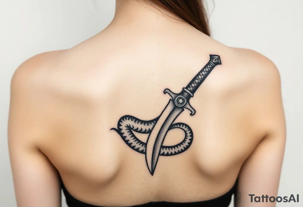 mystical snake coiled around an ancient dagger with jeweled hilt tattoo idea