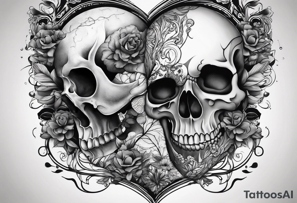 merge two halfs: in upper half put a visceral heart and in lower half put a skull tattoo idea