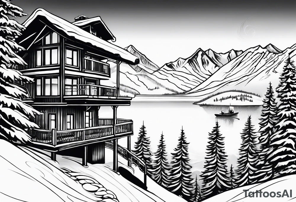 ski resort with lake in the background and chair lifts tattoo idea
