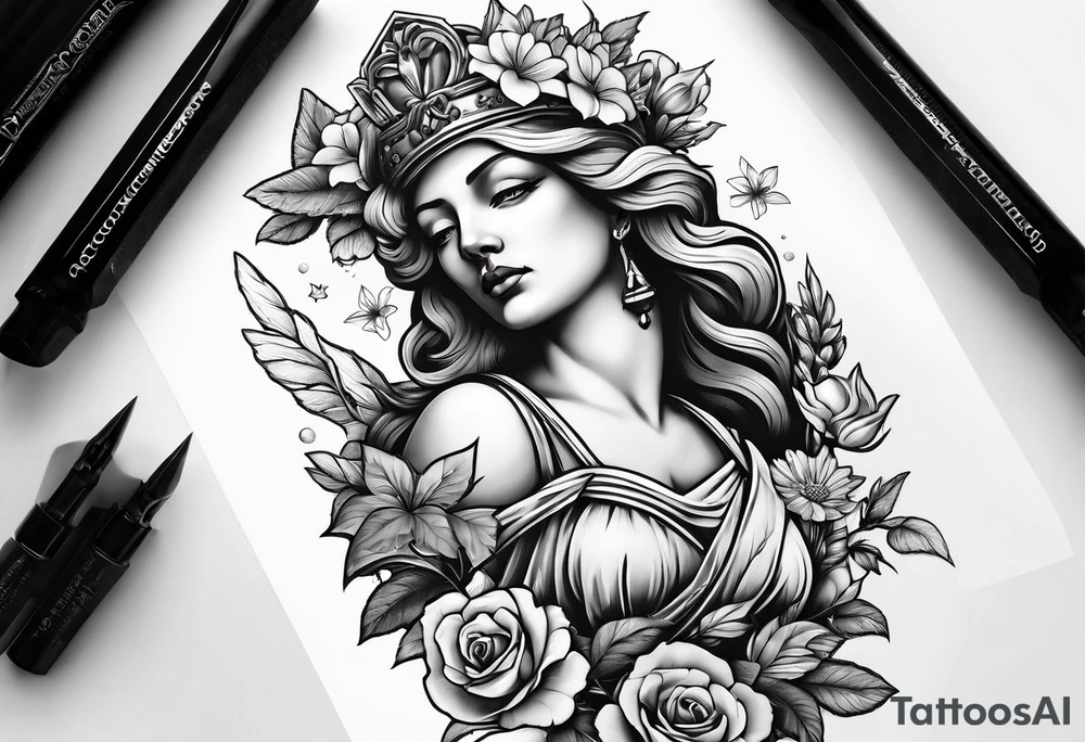 Sleeve with lady justice and flowers tattoo idea