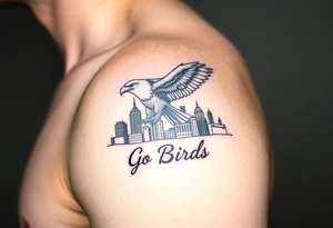 Philadelphia Classic eagle flying over Philadelphia city skyline with Go Birds written under it tattoo idea