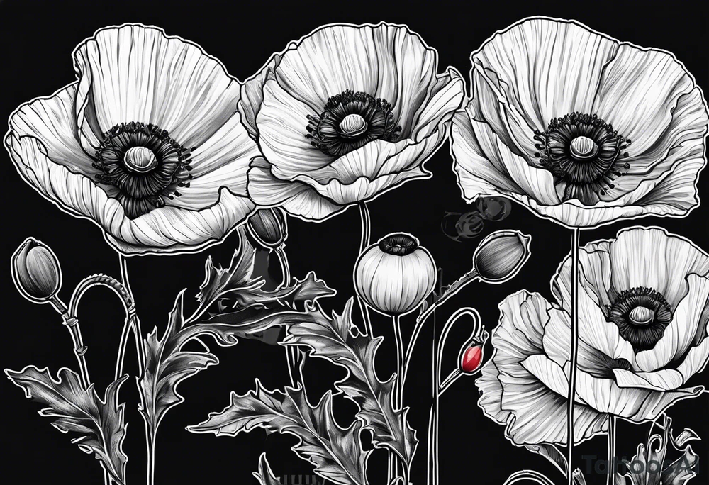 Poppy flowers with the date 1/15/22 in Roman numerals tattoo idea